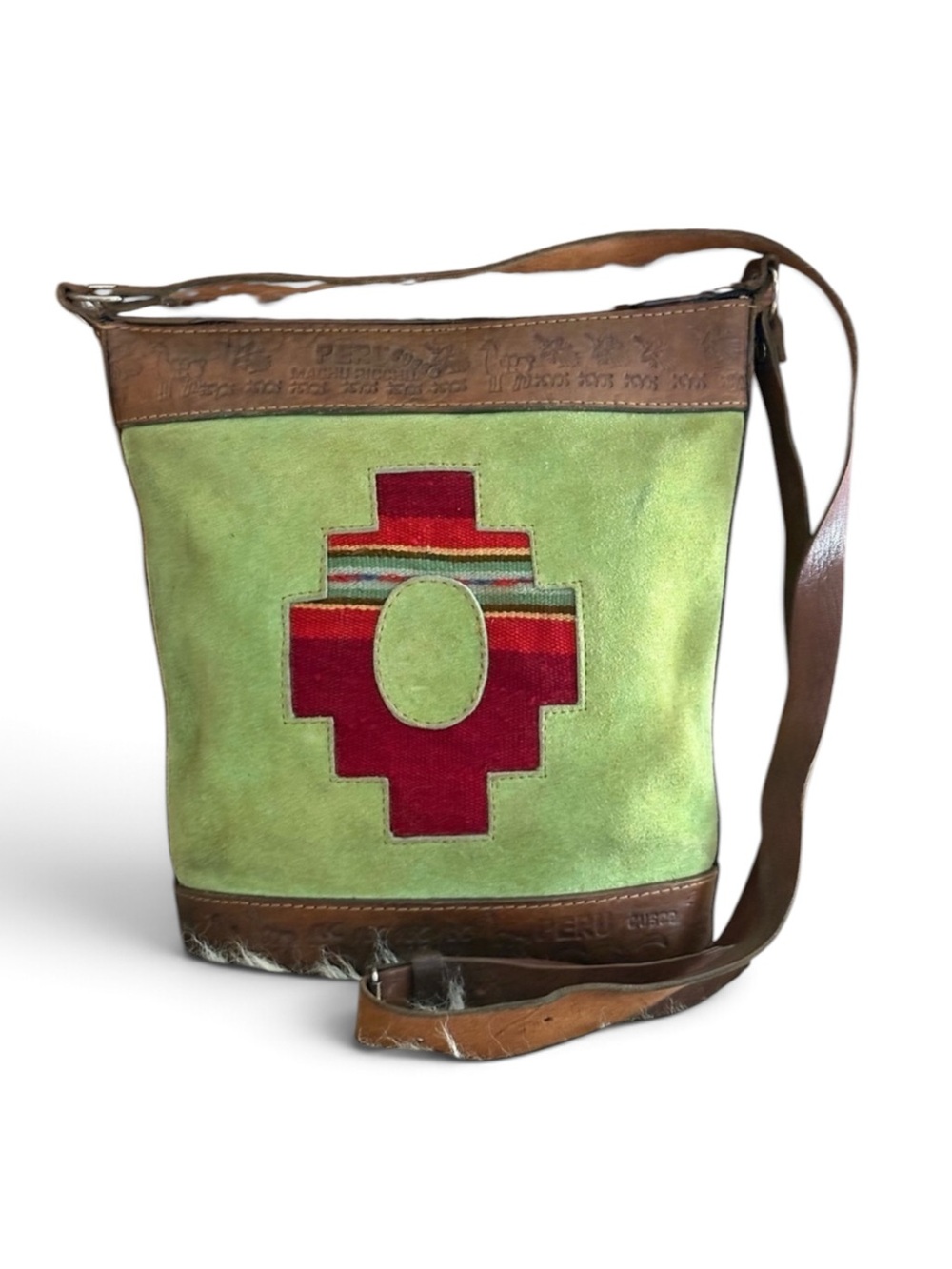 Peruvian Green Suede Brown Leather Embossed Bohemian Crossbody Bag